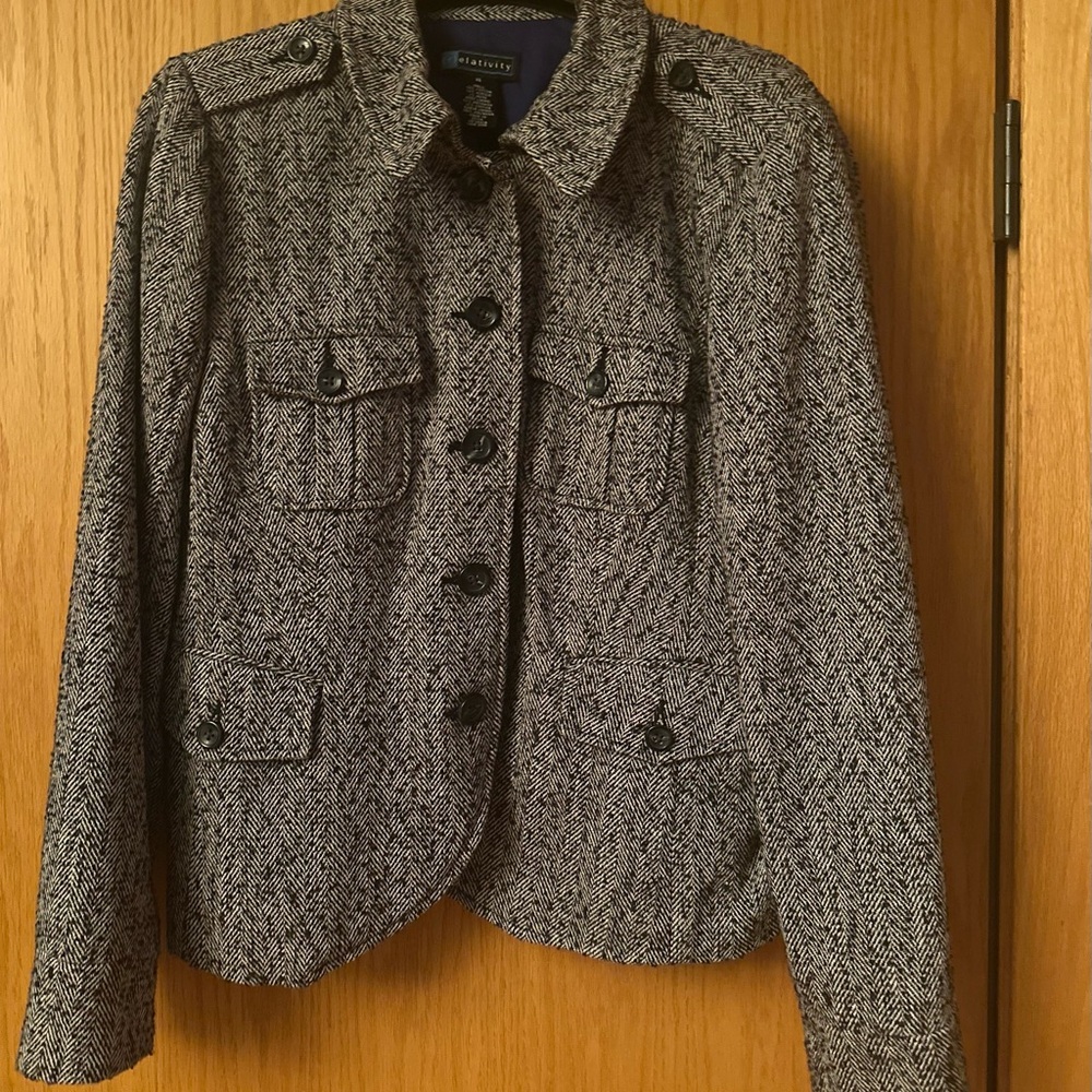Relativity Black & White Herringbone Military-Inspired Blazer